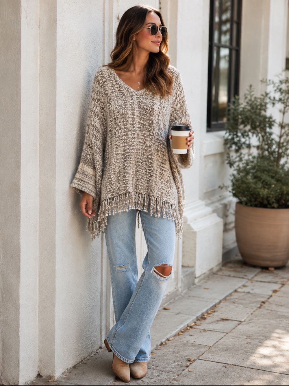 Umgee Gray Beige Fringe Oversized Knit Poncho Sweater S/M Boho